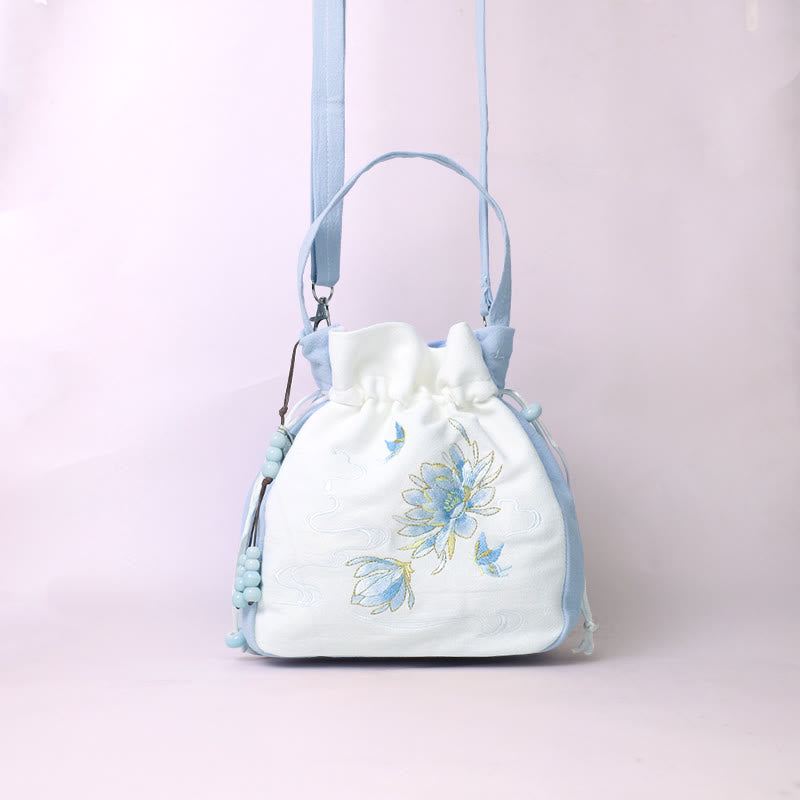 Borsa a tracolla in cotone e lino con Buddha Stones , farfalla ricamata, loto, magnolia, borsa a tracolla