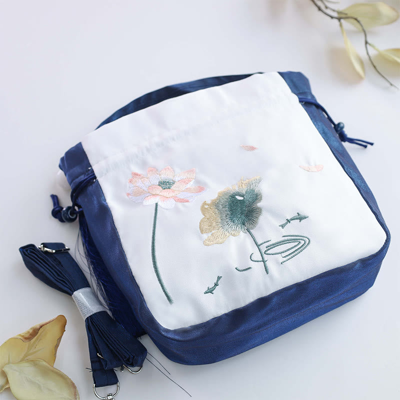 Borsa a tracolla in cotone e lino con Buddha Stones ricamate, motivo: loto, pesce Koi, gru, camelia, borsa a tracolla
