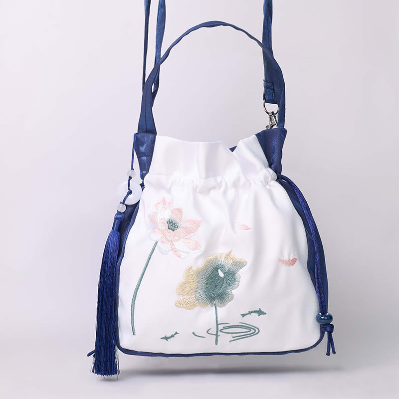 Borsa a tracolla in cotone e lino con Buddha Stones ricamate, motivo: loto, pesce Koi, gru, camelia, borsa a tracolla