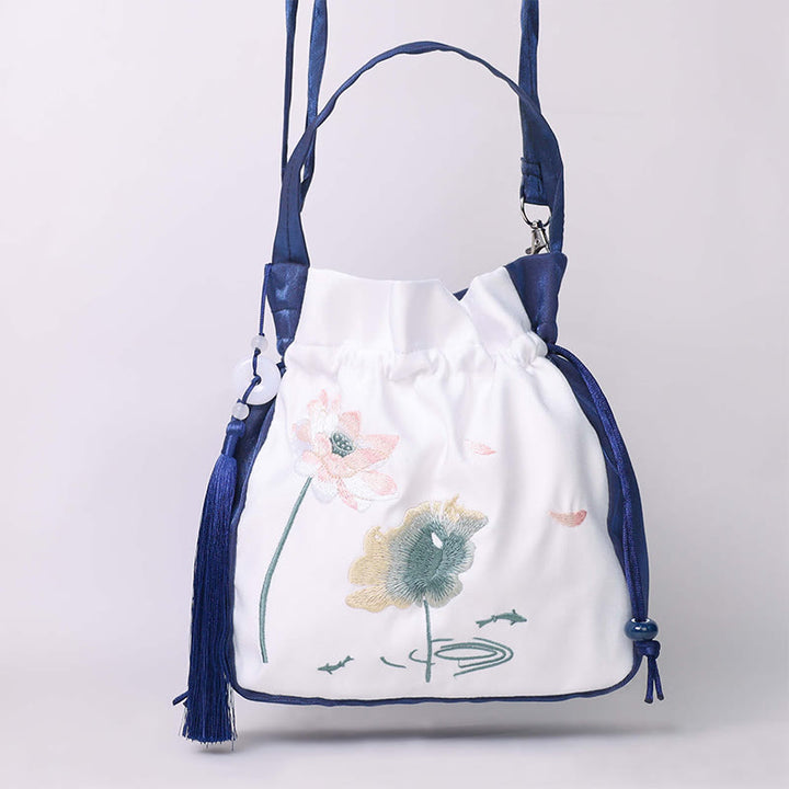 Borsa a tracolla in cotone e lino con Buddha Stones ricamate, motivo: loto, pesce Koi, gru, camelia, borsa a tracolla