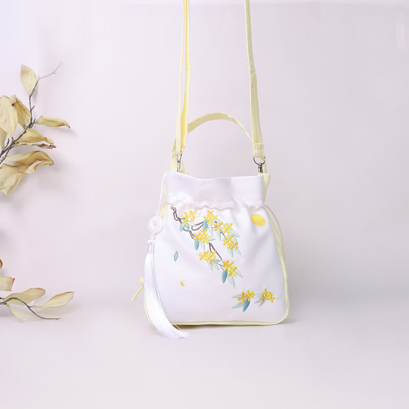 Borsa a tracolla in cotone e lino con ricamo a forma di Buddha Stones, osmanto, peonia, uva, gatto, borsa a tracolla