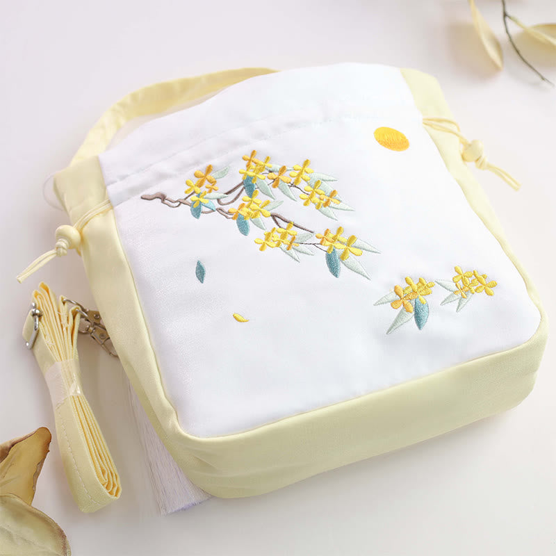 Borsa a tracolla in cotone e lino con ricamo a forma di Buddha Stones, osmanto, peonia, uva, gatto, borsa a tracolla
