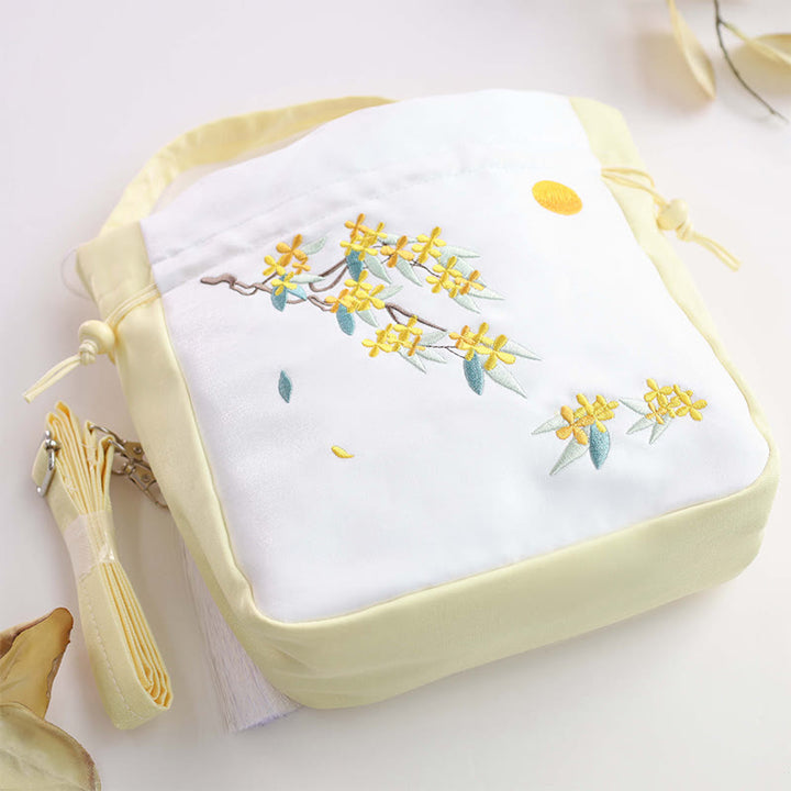 Borsa a tracolla in cotone e lino con ricamo a forma di Buddha Stones, osmanto, peonia, uva, gatto, borsa a tracolla