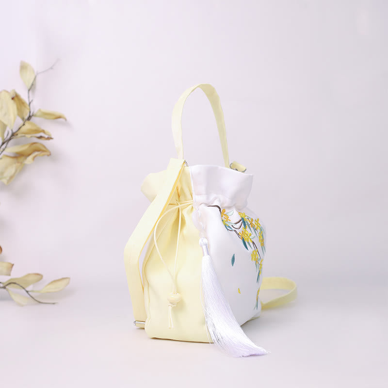 Borsa a tracolla in cotone e lino con ricamo a forma di Buddha Stones, osmanto, peonia, uva, gatto, borsa a tracolla