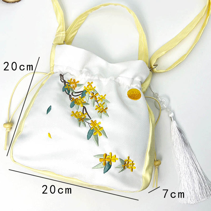 Borsa a tracolla in cotone e lino con ricamo a forma di Buddha Stones, osmanto, peonia, uva, gatto, borsa a tracolla