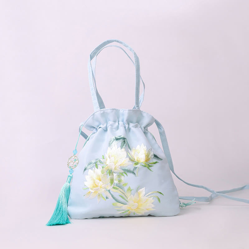 Buddha Stones Suzhou Ricamo Loto Cervo Epiphyllum Peonia Coniglio Cotone Lino Tote Borsa A Tracolla Borsa A Tracolla Borsa A Mano - Epiphyllum azzurro 21*22cm - image 0
