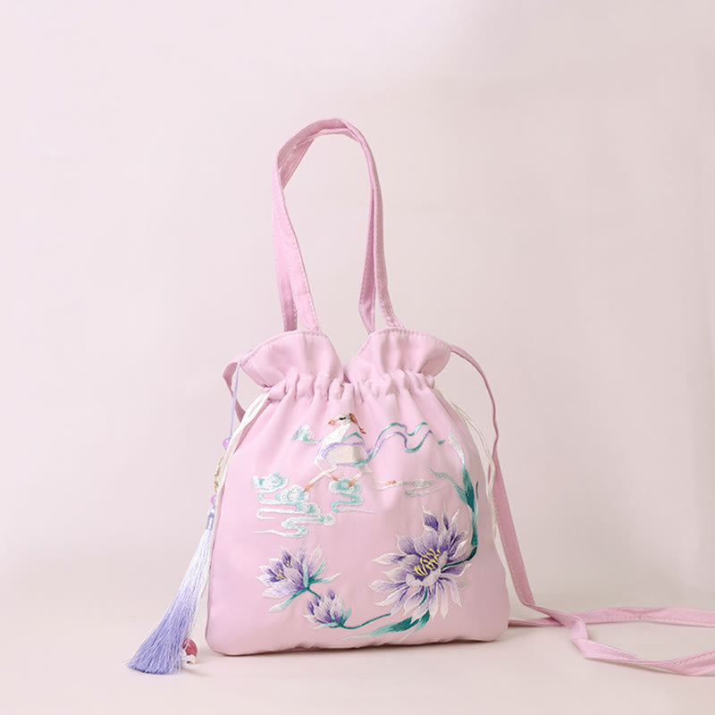 Buddha Stones Suzhou Ricamo Loto Cervo Epiphyllum Peonia Coniglio Cotone Lino Tote Borsa A Tracolla Borsa A Tracolla Borsa A Mano - Cervo fatato di loto viola chiaro 21*22 cm - image 7
