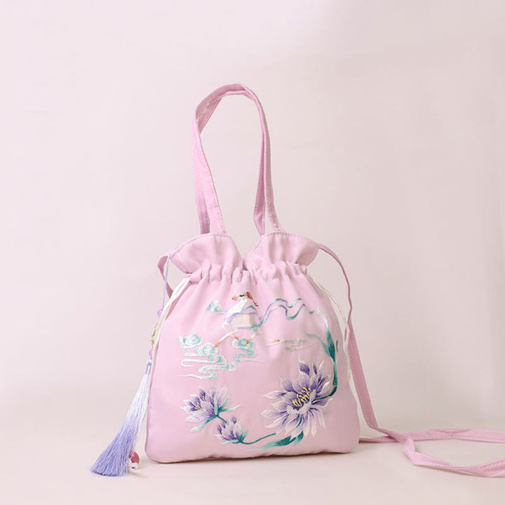 Buddha Stones Suzhou Ricamo Loto Cervo Epiphyllum Peonia Coniglio Cotone Lino Tote Borsa A Tracolla Borsa A Tracolla Borsa A Mano - Cervo fatato di loto viola chiaro 21*22 cm - image 7