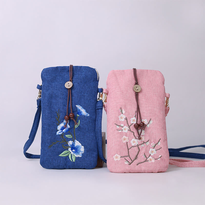 Borsa a tracolla con piccoli fiori ricamati Buddha Stones Borsa a tracolla Borsa per cellulare 11*20cm