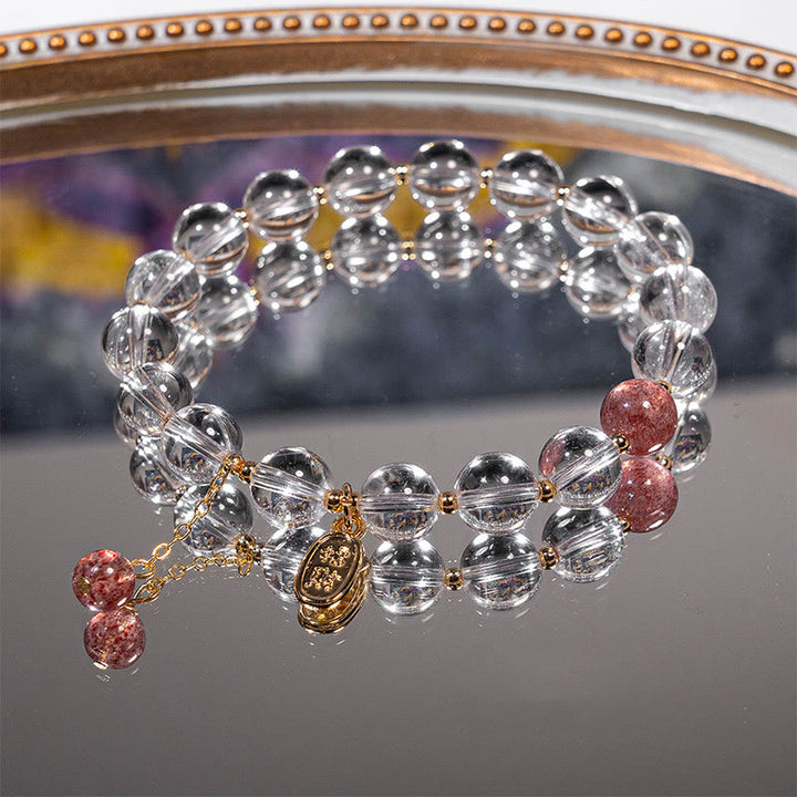 Braccialetto con ciondolo Buddha Stones , cristallo bianco, quarzo fragola, guarigione, attrae la fortuna