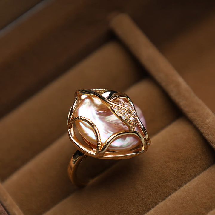 Anello Buddha Stones Pearl Rame Placcato Oro Fiore Felicità Ricchezza