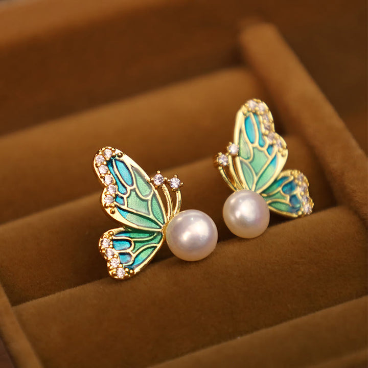 Orecchini a bottone con perle naturali in rame placcato oro 18K, Buddha Stones, argento sterling 925, guarigione a farfalla