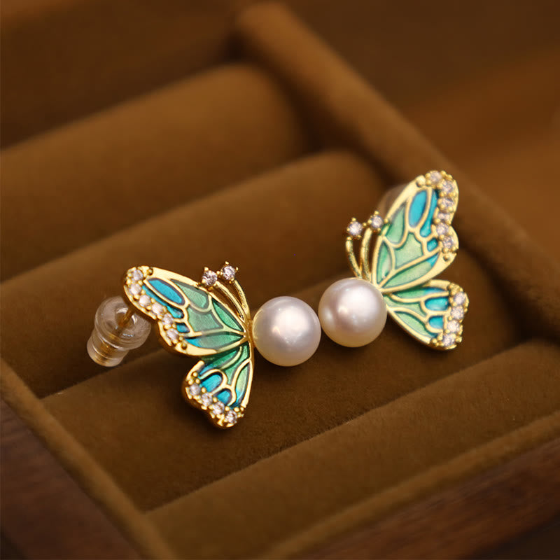 Orecchini a bottone con perle naturali in rame placcato oro 18K, Buddha Stones, argento sterling 925, guarigione a farfalla