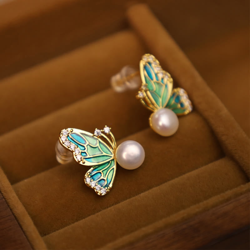 Orecchini a bottone con perle naturali in rame placcato oro 18K, Buddha Stones, argento sterling 925, guarigione a farfalla