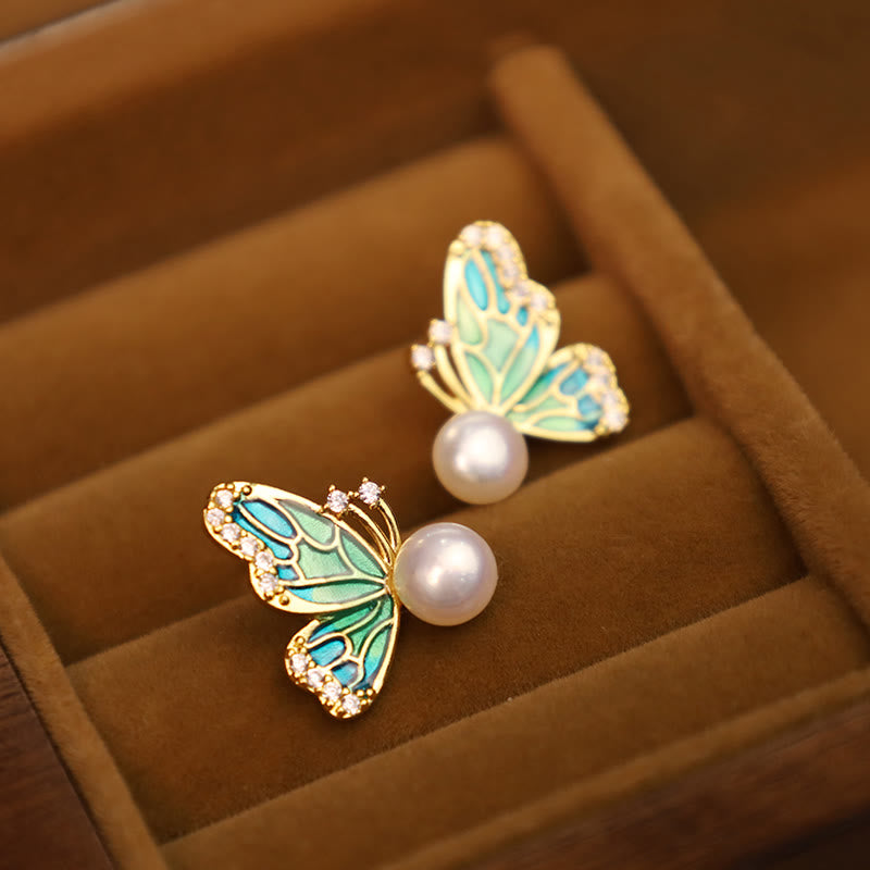Orecchini a bottone con perle naturali in rame placcato oro 18K, Buddha Stones, argento sterling 925, guarigione a farfalla