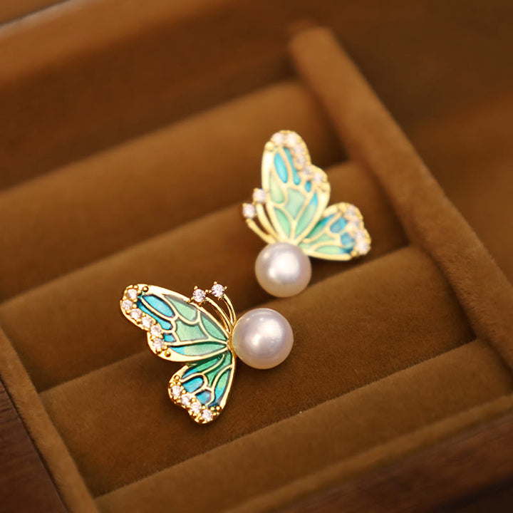 Orecchini a bottone con perle naturali in rame placcato oro 18K, Buddha Stones, argento sterling 925, guarigione a farfalla