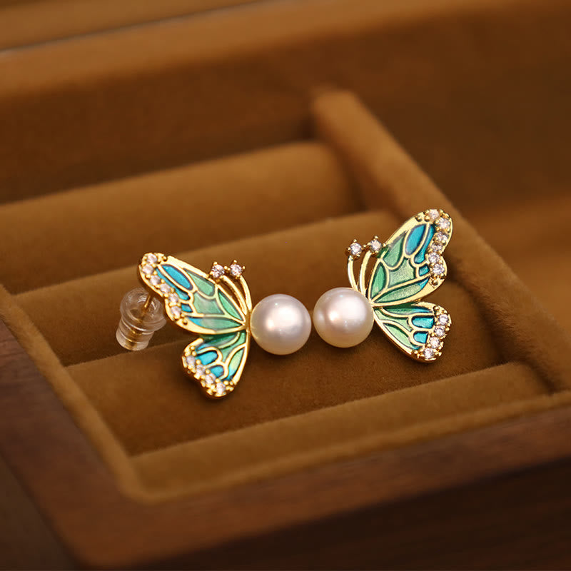 Orecchini a bottone con perle naturali in rame placcato oro 18K, Buddha Stones, argento sterling 925, guarigione a farfalla
