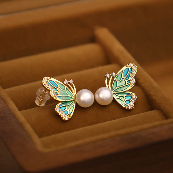 Orecchini a bottone con perle naturali in rame placcato oro 18K, Buddha Stones, argento sterling 925, guarigione a farfalla