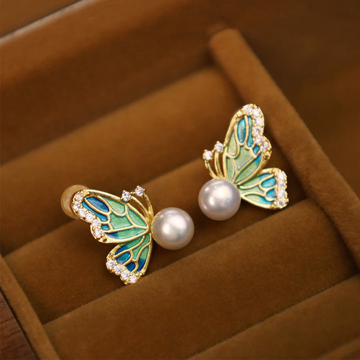 Orecchini a bottone con perle naturali in rame placcato oro 18K, Buddha Stones, argento sterling 925, guarigione a farfalla