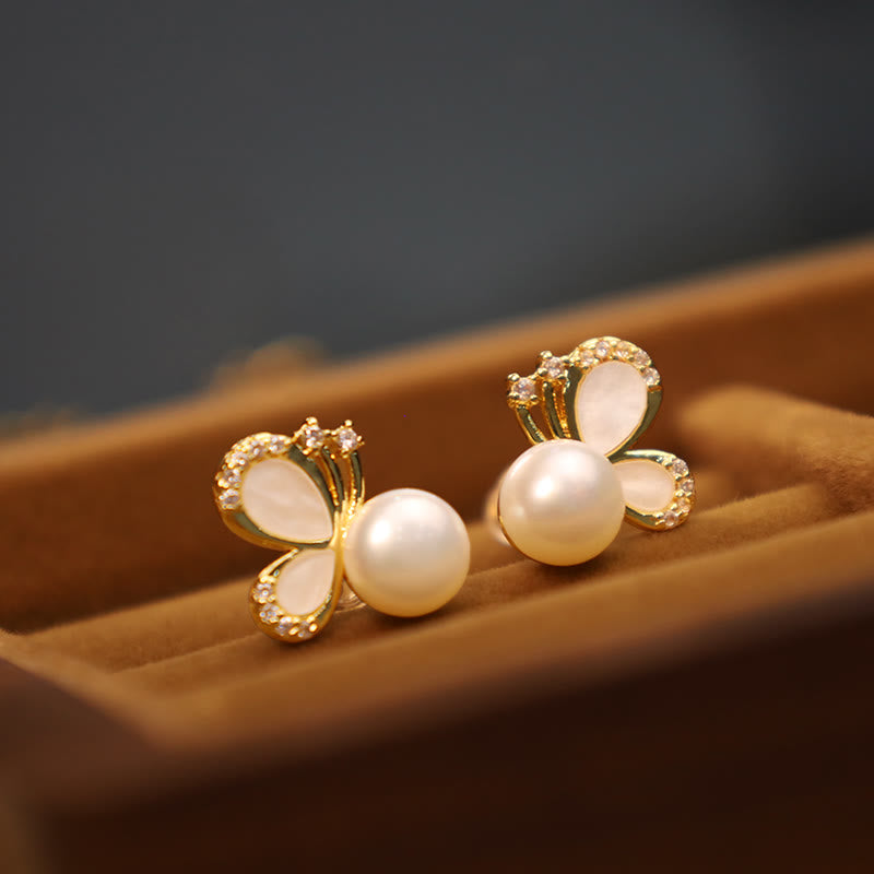 Orecchini a bottone curativi con perle naturali in rame placcato oro 18K, Buddha Stones, argento sterling 925, farfalla e zircone