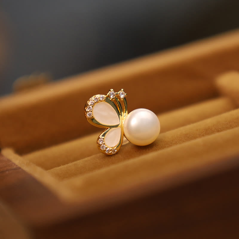Orecchini a bottone curativi con perle naturali in rame placcato oro 18K, Buddha Stones, argento sterling 925, farfalla e zircone