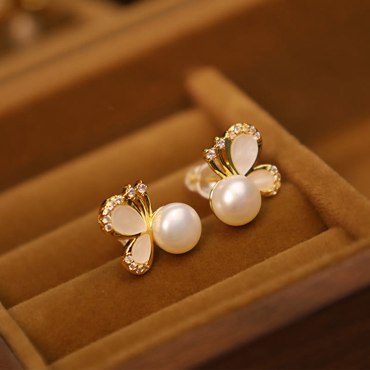 Orecchini a bottone curativi con perle naturali in rame placcato oro 18K, Buddha Stones, argento sterling 925, farfalla e zircone