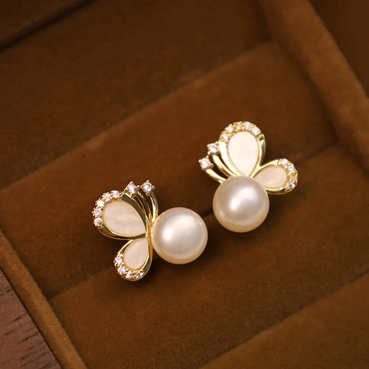 Orecchini a bottone curativi con perle naturali in rame placcato oro 18K, Buddha Stones, argento sterling 925, farfalla e zircone