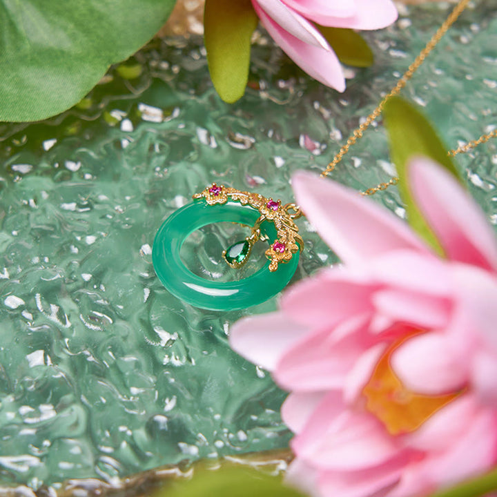 Collana con Buddha Stones, calcedonio verde, fibbia della pace, forza