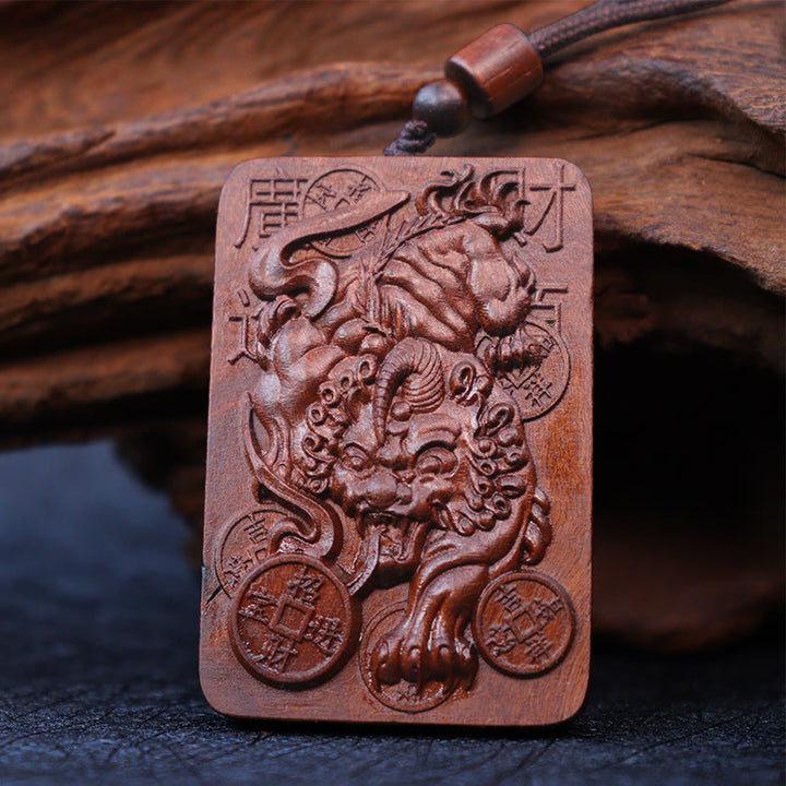 Buddha Stones Naturale Fulmine Colpito Giuggiola Legno PiXiu Moneta di Rame Collana Pendente Portafortuna