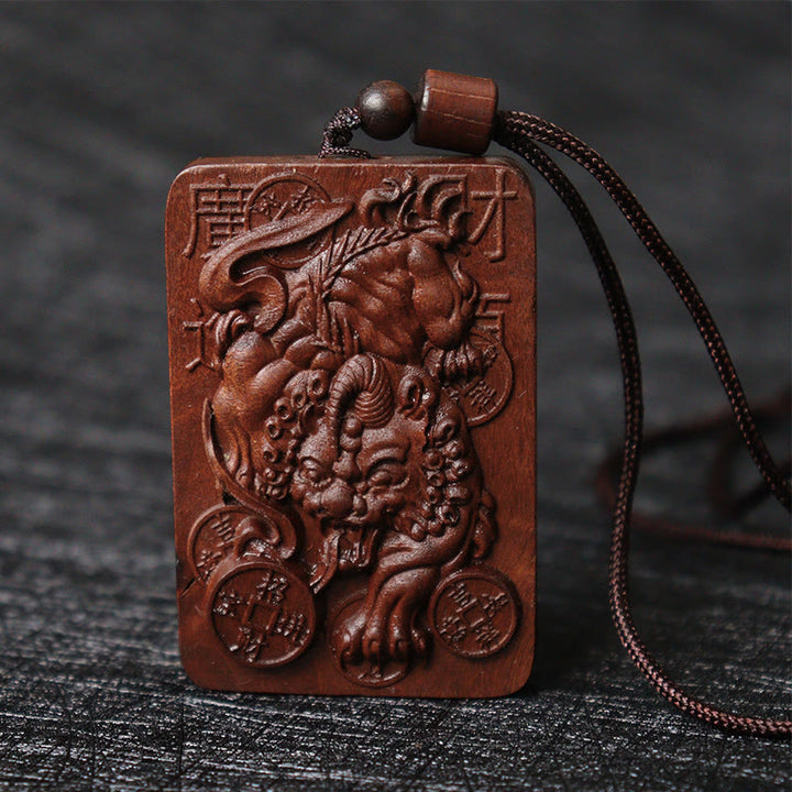 Buddha Stones Naturale Fulmine Colpito Giuggiola Legno PiXiu Moneta di Rame Collana Pendente Portafortuna