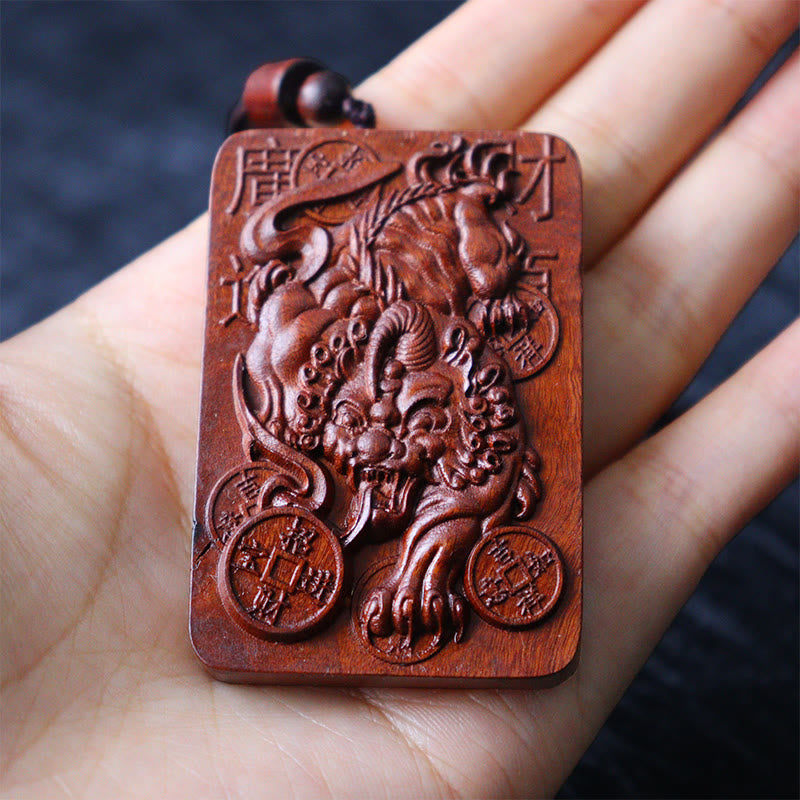 Buddha Stones Naturale Fulmine Colpito Giuggiola Legno PiXiu Moneta di Rame Collana Pendente Portafortuna