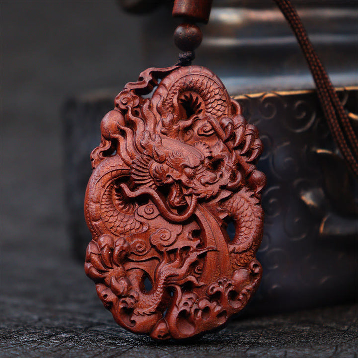 Buddha Stones Fulmine Legno di Giuggiola Doppio Drago in Rilievo Allontanare gli Spiriti Maligni Collana Pendente