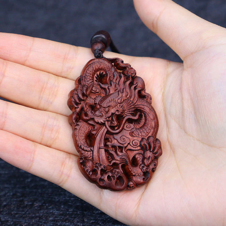 Buddha Stones Fulmine Legno di Giuggiola Doppio Drago in Rilievo Allontanare gli Spiriti Maligni Collana Pendente
