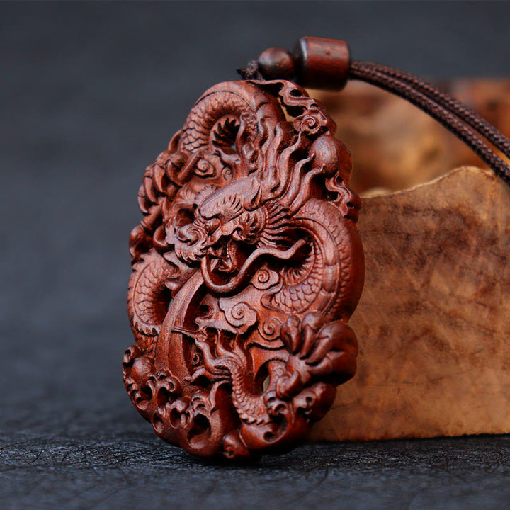Buddha Stones Fulmine Legno di Giuggiola Doppio Drago in Rilievo Allontanare gli Spiriti Maligni Collana Pendente