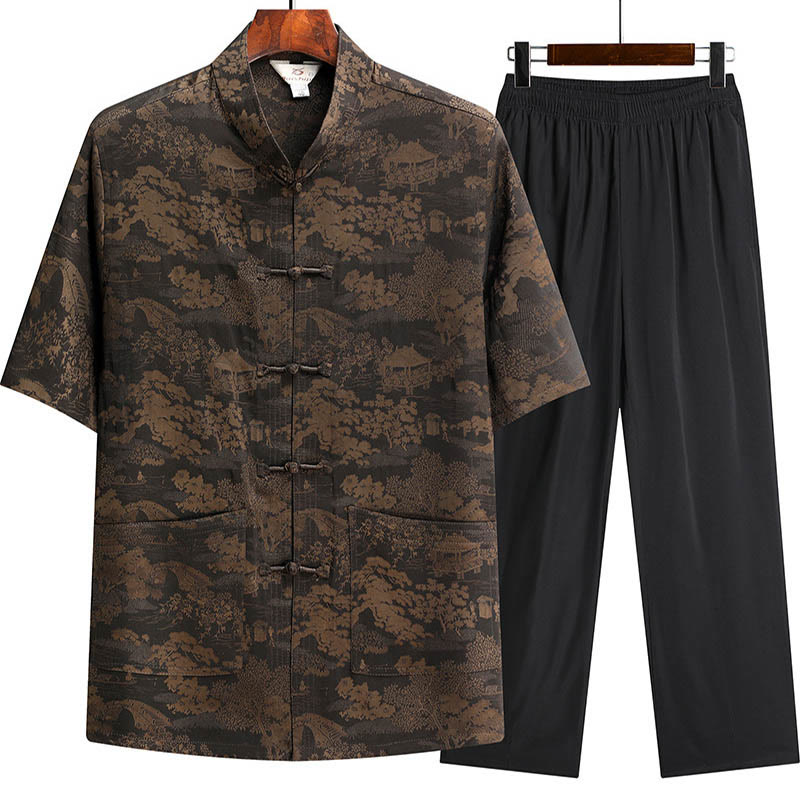 Buddha Stones Pino Padiglione Giardino Tang Suit Hanfu Tradizionale Uniforme Manica Corta Top Pantaloni Abbigliamento Uomo Set - Marrone - Top e pantaloni - US/UK/AU44, EU54 (4XL) - image 2