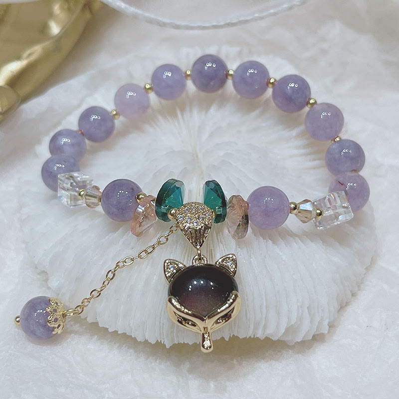 Braccialetto della felicità con ciondolo volpe in giada viola naturale Buddha Stones
