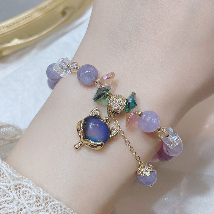 Braccialetto della felicità con ciondolo volpe in giada viola naturale Buddha Stones