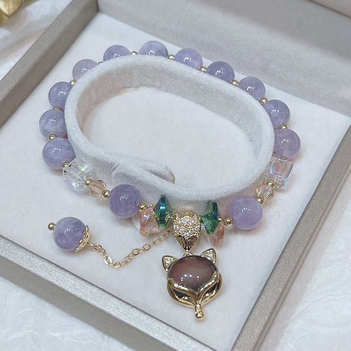 Braccialetto della felicità con ciondolo volpe in giada viola naturale Buddha Stones