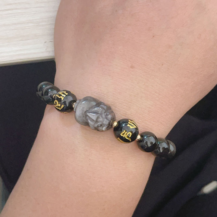 Buddha Stones Argento Naturale Ossidiana Lucente Ossidiana Nera Om Mani Padme Hum Pixiu Braccialetto di Protezione