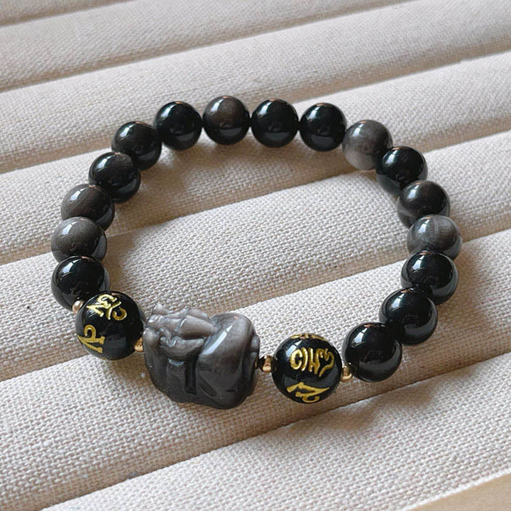 Buddha Stones Argento Naturale Ossidiana Lucente Ossidiana Nera Om Mani Padme Hum Pixiu Braccialetto di Protezione