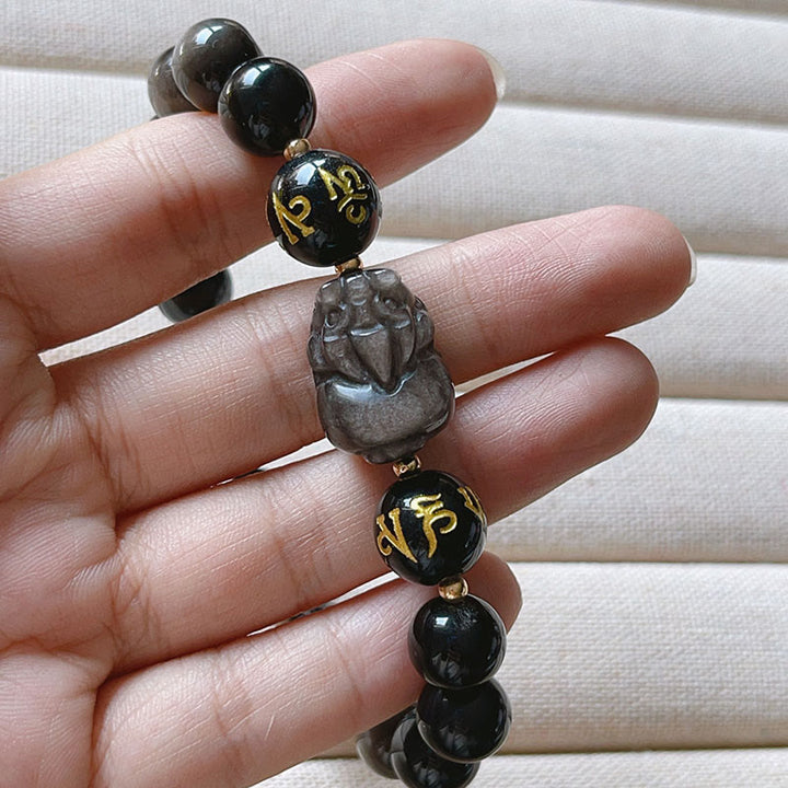 Buddha Stones Argento Naturale Ossidiana Lucente Ossidiana Nera Om Mani Padme Hum Pixiu Braccialetto di Protezione
