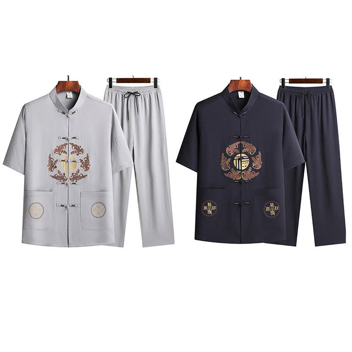 Buddha Stones Fu Character Tang Suit Hanfu Tradizionale Uniforme Manica Corta Top Pantaloni Abbigliamento Uomo Set - image 30