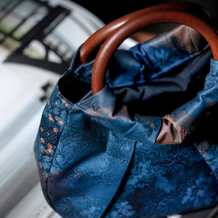 Borsa a mano con manico in legno blu con fiori in jacquard fatti a mano Buddha Stones
