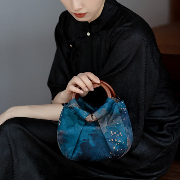 Borsa a mano con manico in legno blu con fiori in jacquard fatti a mano Buddha Stones