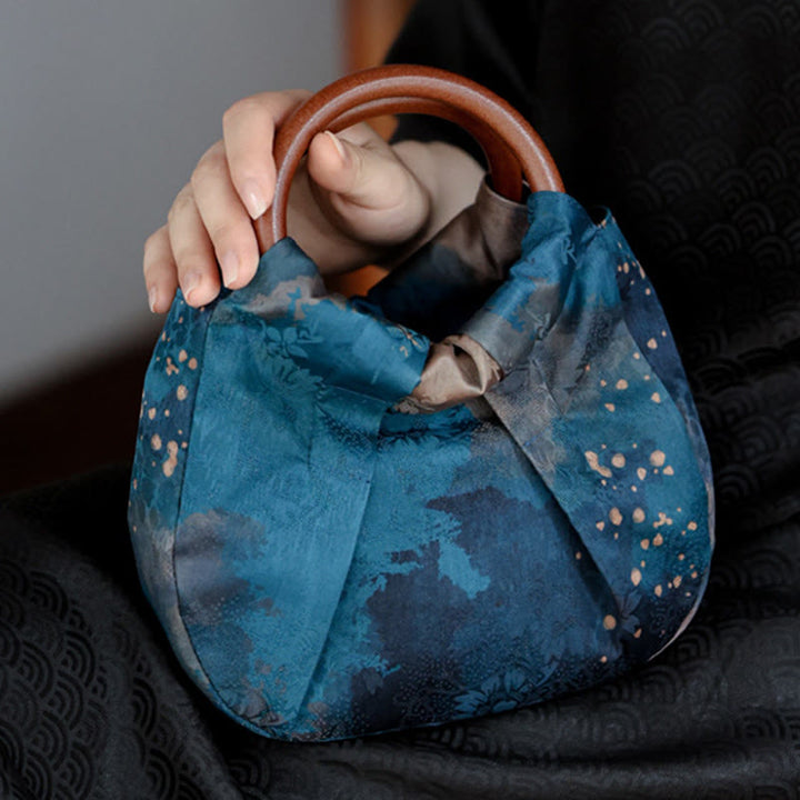 Borsa a mano con manico in legno blu con fiori in jacquard fatti a mano Buddha Stones