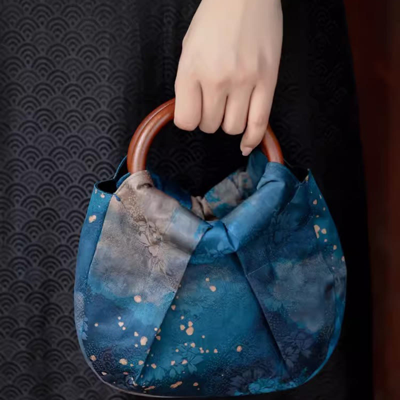 Borsa a mano con manico in legno blu con fiori in jacquard fatti a mano Buddha Stones