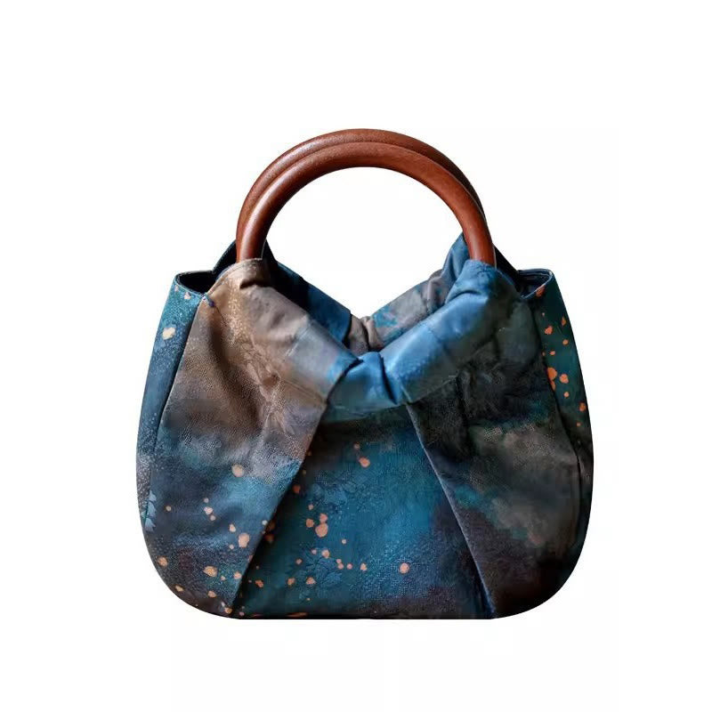 Borsa a mano con manico in legno blu con fiori in jacquard fatti a mano Buddha Stones
