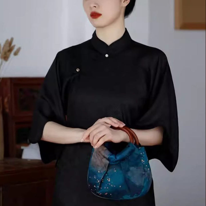 Borsa a mano con manico in legno blu con fiori in jacquard fatti a mano Buddha Stones