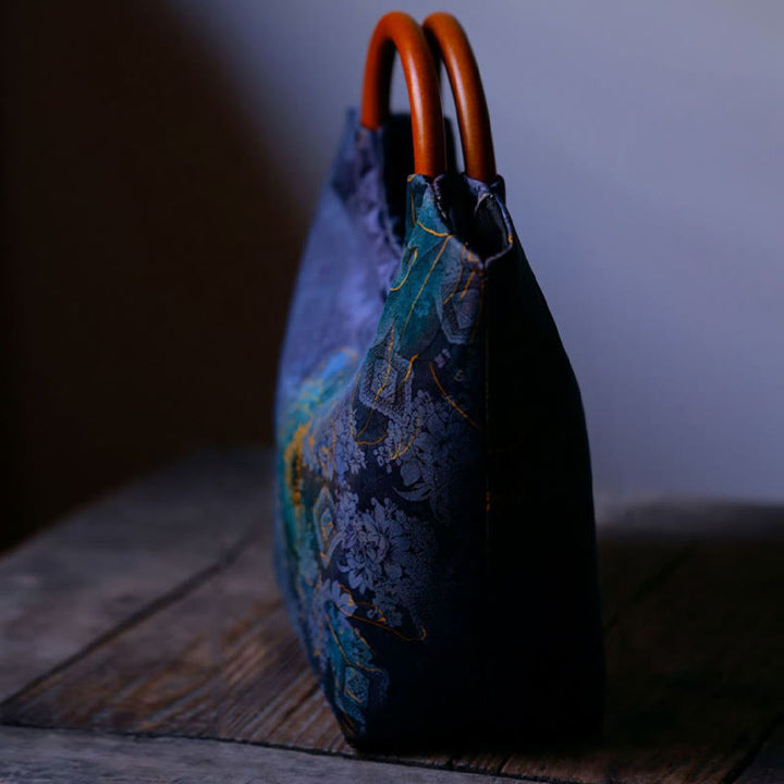 Buddha Stones Peonia Fiore Foglie di bambù Uccello Manico in legno massello Borsa a mano