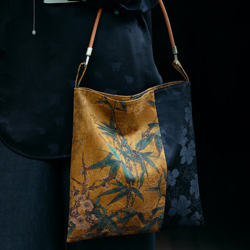 Borsa a tracolla con Buddha Stones di bambù, fiori, farfalle, cachi